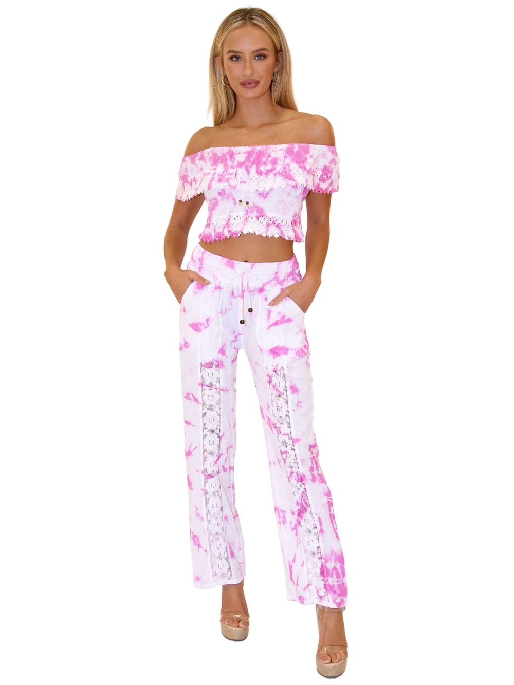 Seaspice Pink Tie-Dye Wide Leg Pants with lace insets (pants only)